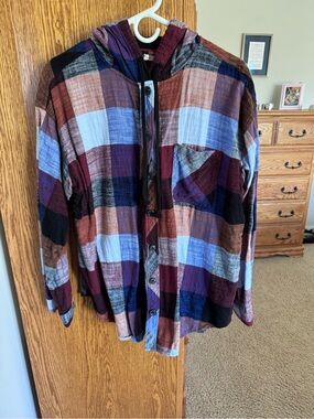 Maurices Plaid Hooded Button-Up Shirt Jacket in Blue, Burgundy, Brown, Black